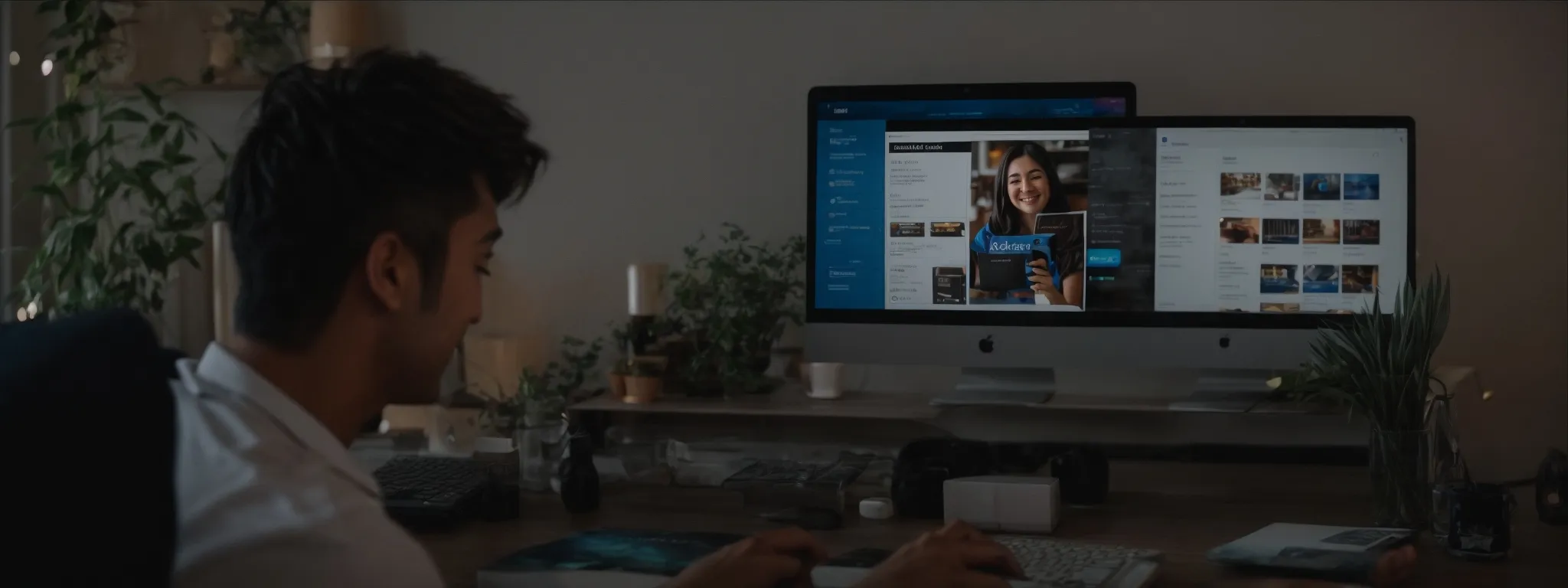 a smiling person reading product reviews on a computer screen, highlighting the stars of a high rating.