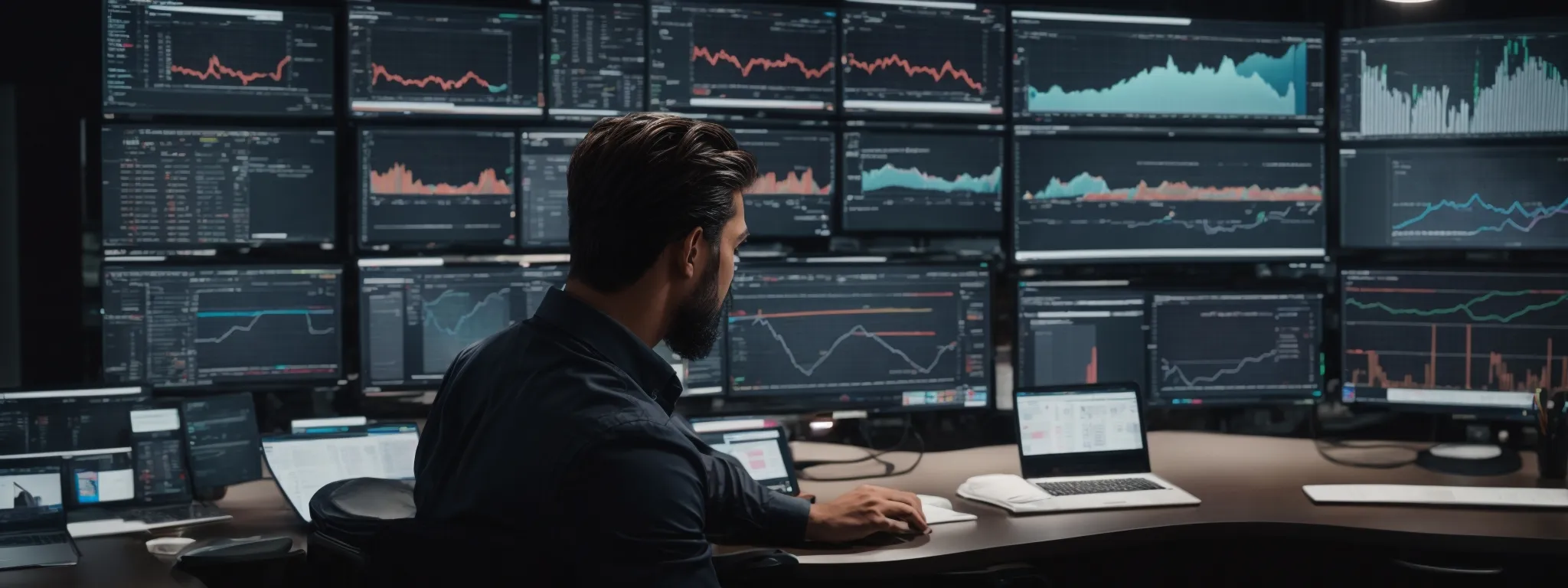 a focused individual sits at a modern desk, surrounded by screens displaying graphs and analytics, engaged in strategizing content for a business audience.