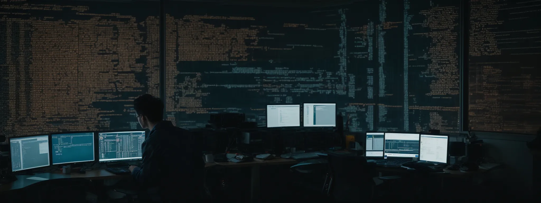 a programmer scrutinizes complex code on a computer screen in a dimly lit office, symbolizing the meticulous process of automating technical seo audits with python.