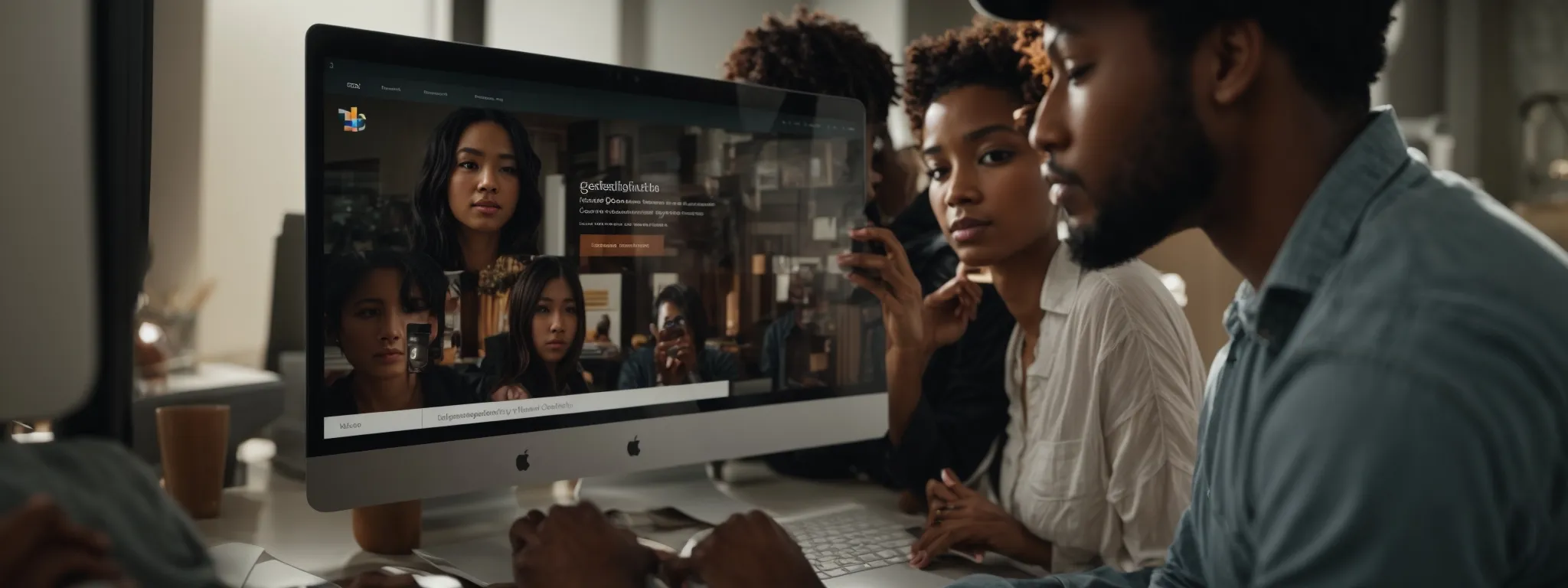 a diverse group of individuals gather around a computer screen, exhibiting satisfaction and surprise as their website ranks higher on a search engine results page.