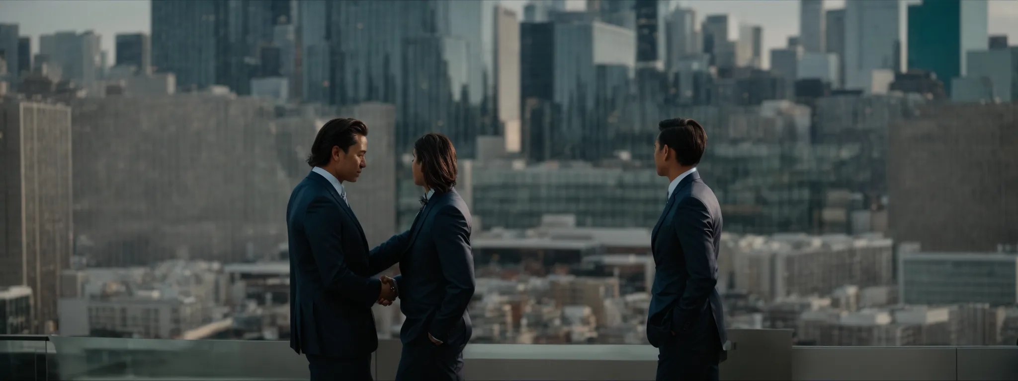 a professional handshake between two executives against the backdrop of high-rise corporate buildings.