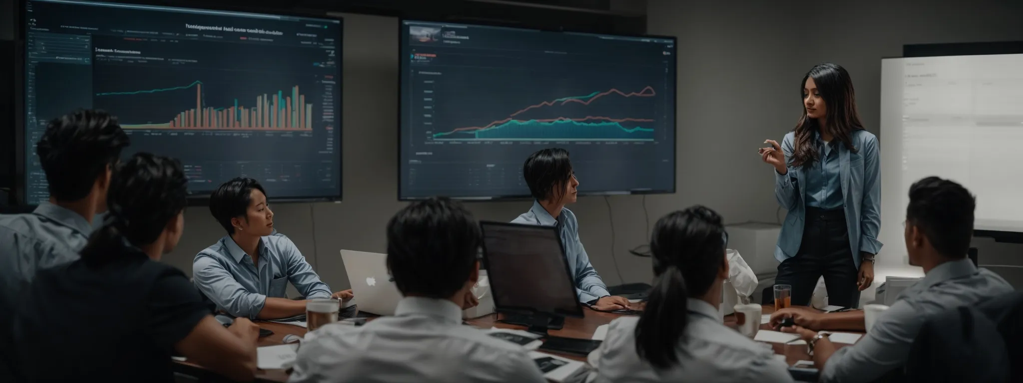 a marketer explaining growth strategies to a team in front of a computer displaying analytics graphs.