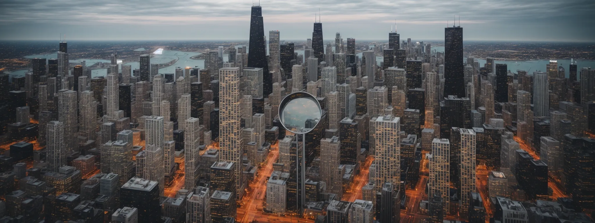 a skyline view of chicago with a magnifying glass focusing on graphic representations of digital analytics and seo icons.