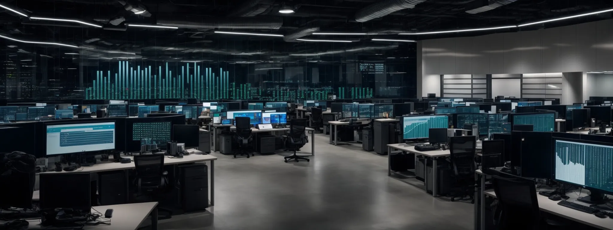 a panoramic view of a modern office with rows of computers displaying analytics charts on their screens, symbolizing data-driven seo strategies.