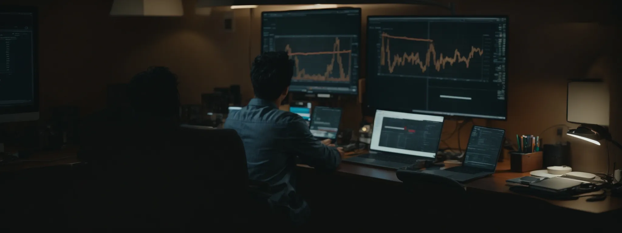 a person sitting at a computer, surrounded by analytics data while crafting digital content.