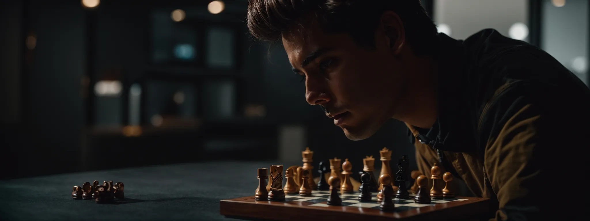 a chess player contemplating a risky move on a board, symbolizing strategic decisions in seo.