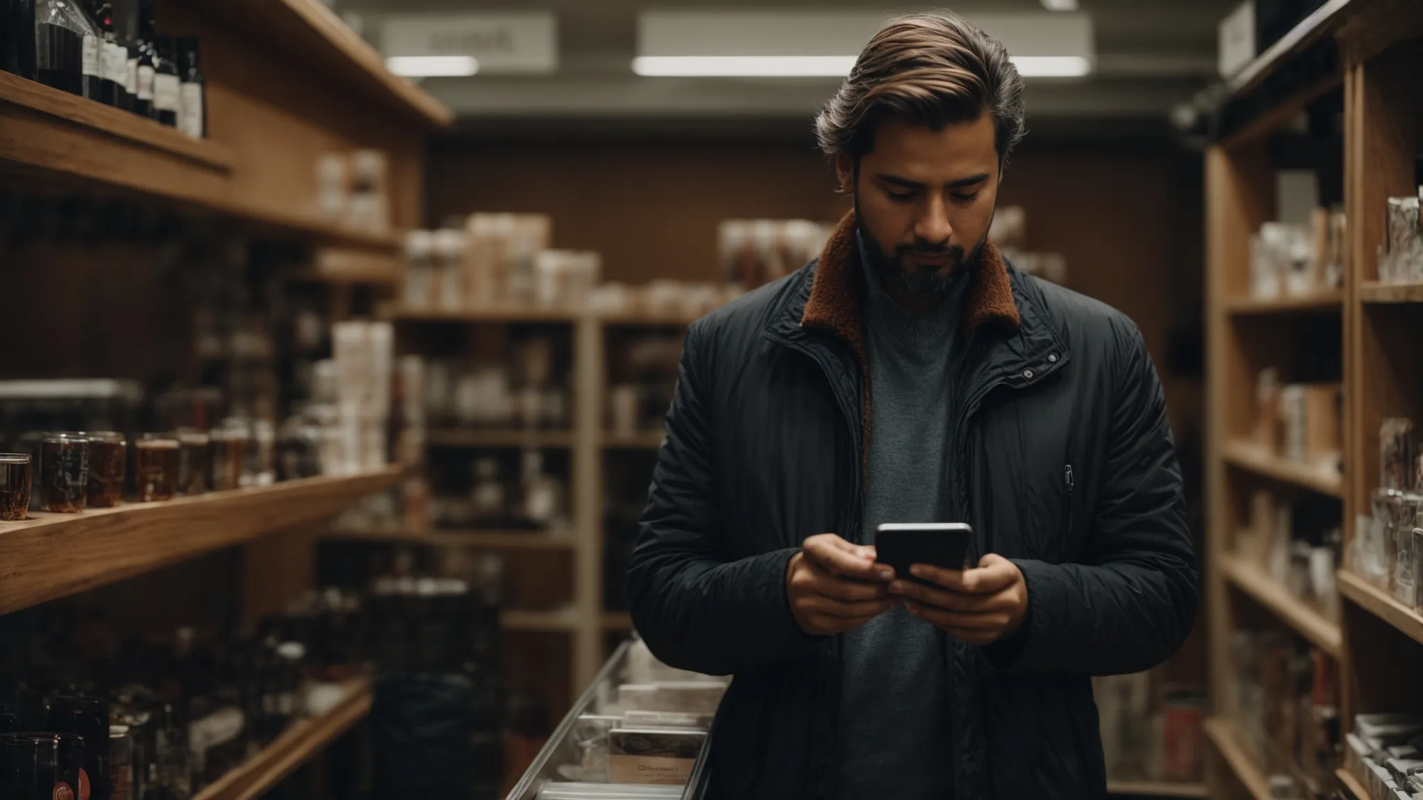 a store owner holding a smartphone, looking thoughtfully at the device as if considering alternative digital tools for local business promotion.