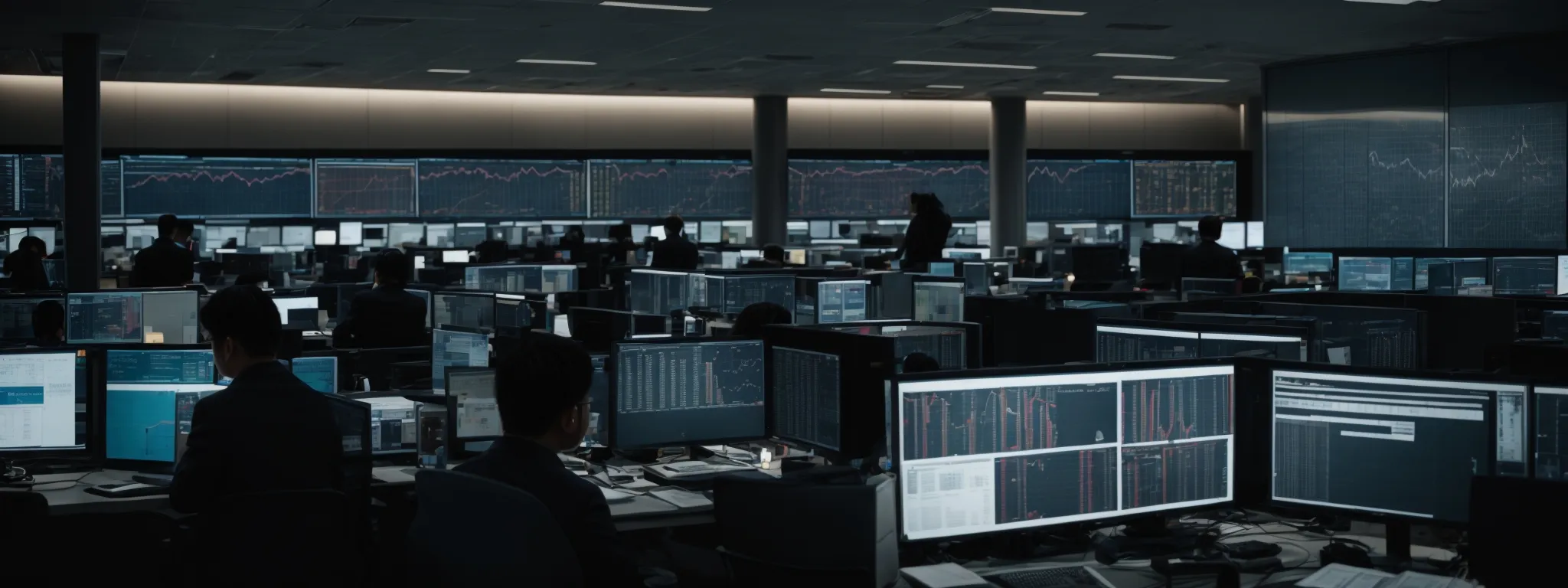a bustling office with rows of computer monitors displaying intricate data analysis charts.