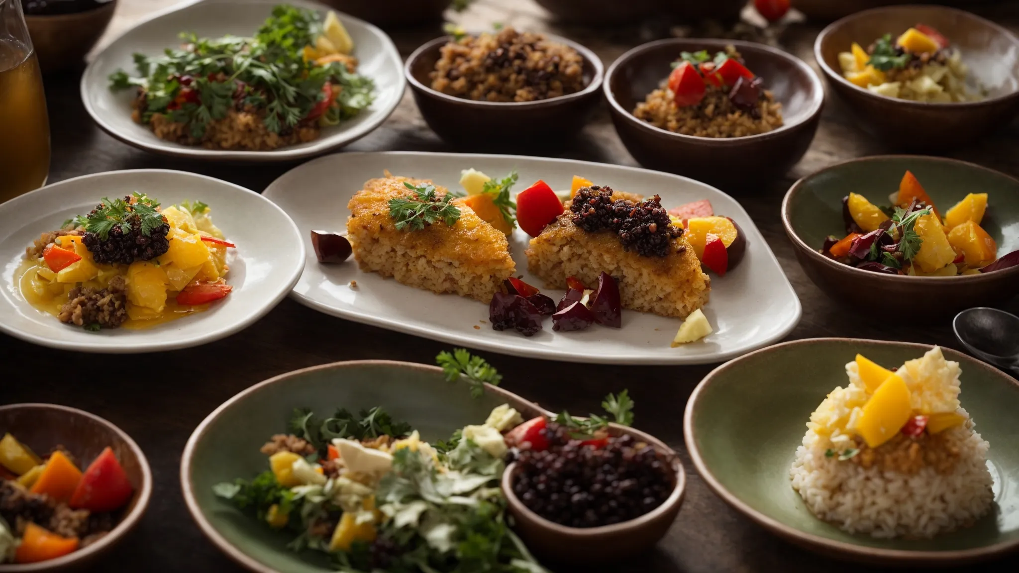 a close-up of a diverse array of colorful, beautifully plated dishes on a rustic wooden table.