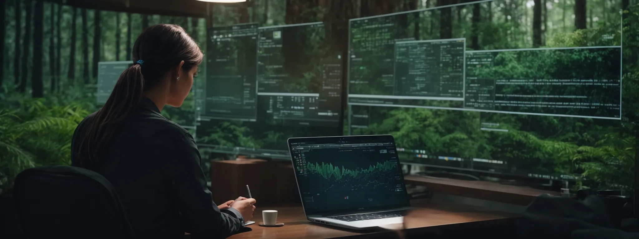 a person intently working on a laptop, with the wordpress dashboard visible on screen amidst a forest of digital icons representing analytics and optimization tools.