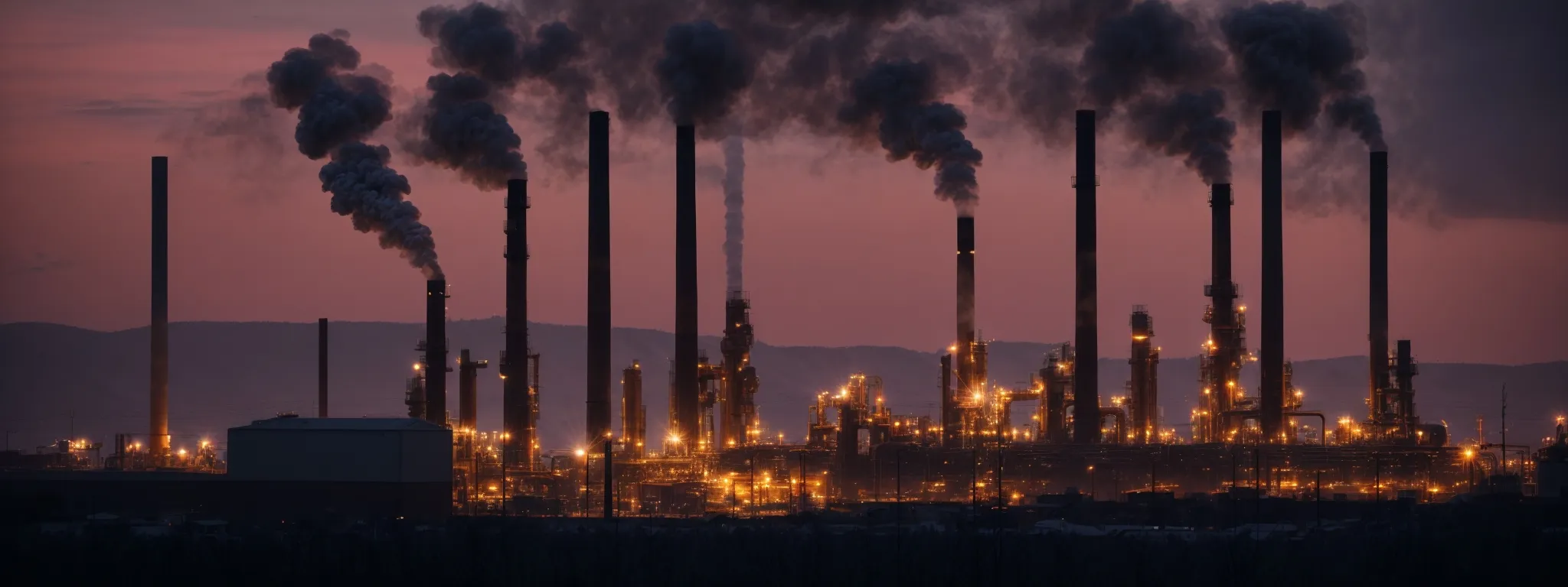 an industrial complex with towering smokestacks silhouetted against a twilight sky, representing the strong digital presence desired by manufacturers.