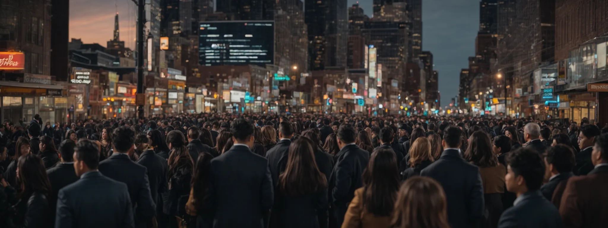 a bustling new jersey cityscape at dusk with marketers gathered around a digital dashboard displaying rising graphs and stats.