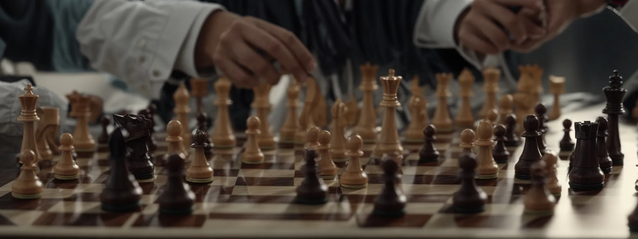 a tactician masterfully maneuvers chess pieces on a board, symbolizing strategic seo planning.