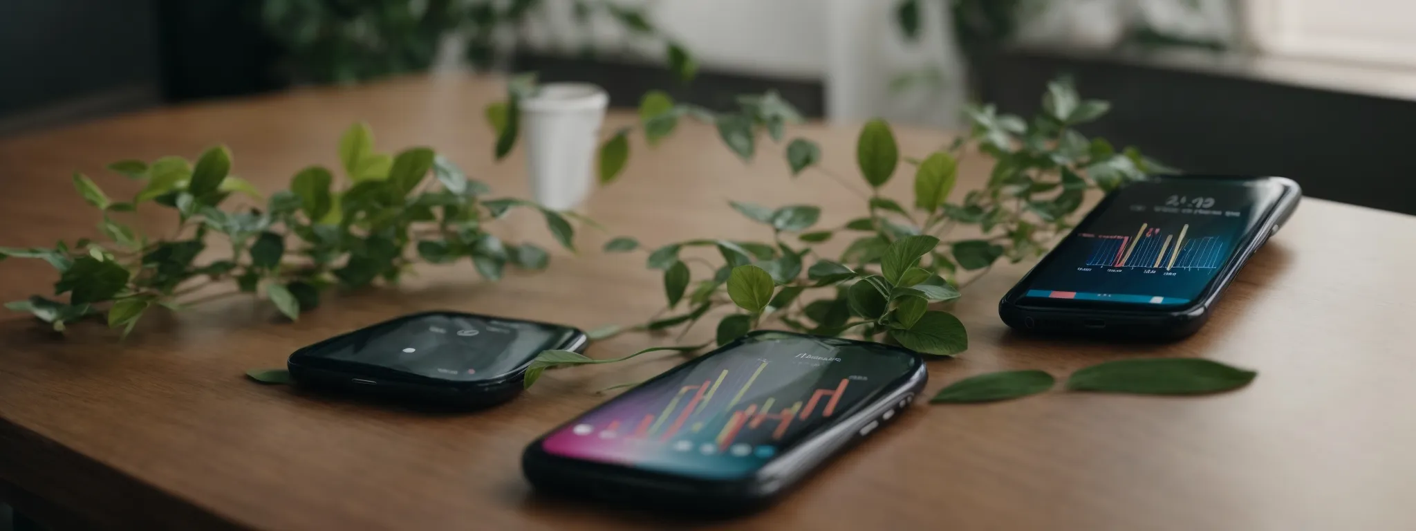 a smartphone displaying a colorful graph on its screen, resting on a table next to a plant.