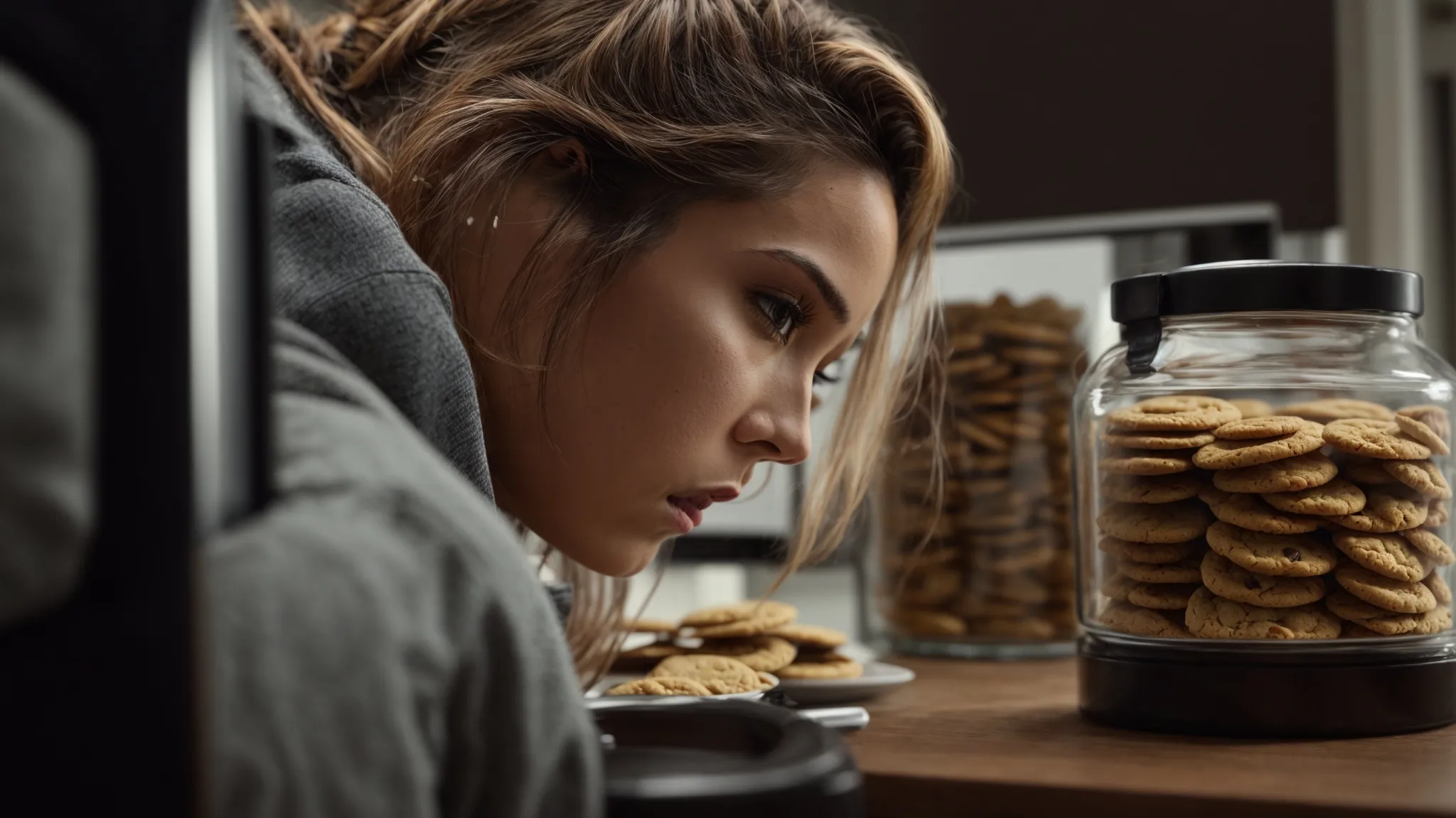 a frazzled marketer stares at an empty cookie jar on her computer screen, symbolizing the loss of digital tracking tools.