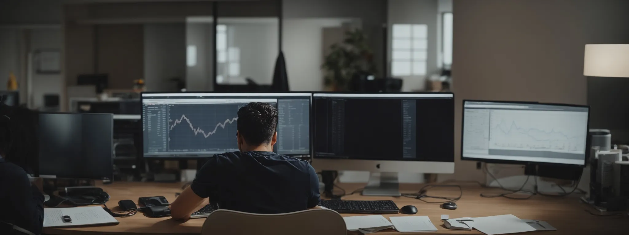 a focused individual sits intently at a modern desk, navigating through advanced digital marketing analytics on a sleek, high-resolution computer screen.
