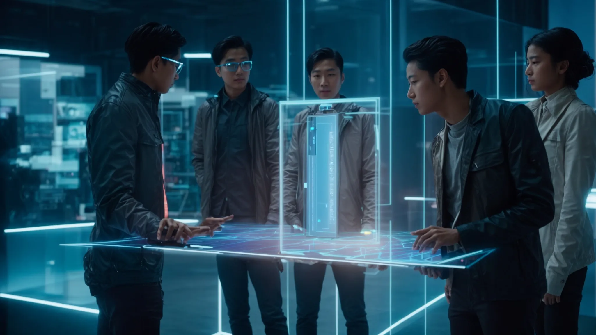 a group of people gather around a holographic display showcasing a futuristic interface as they discuss innovative technologies.