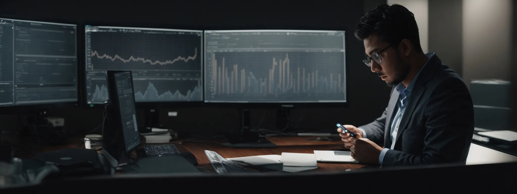 a focused individual analyzes graphs on a computer screen, strategizing an effective email marketing campaign.