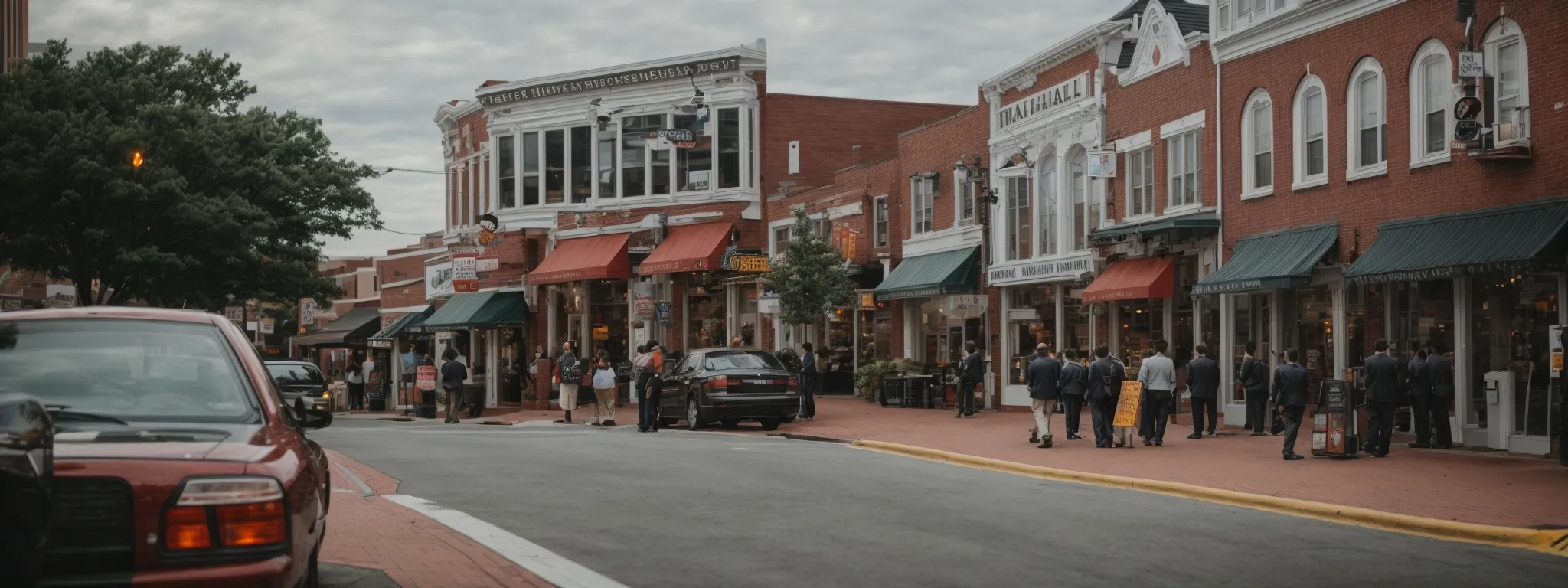 a bustling maryland business district, alive with local shop fronts and corporate buildings, where entrepreneurs actively engage in networking.