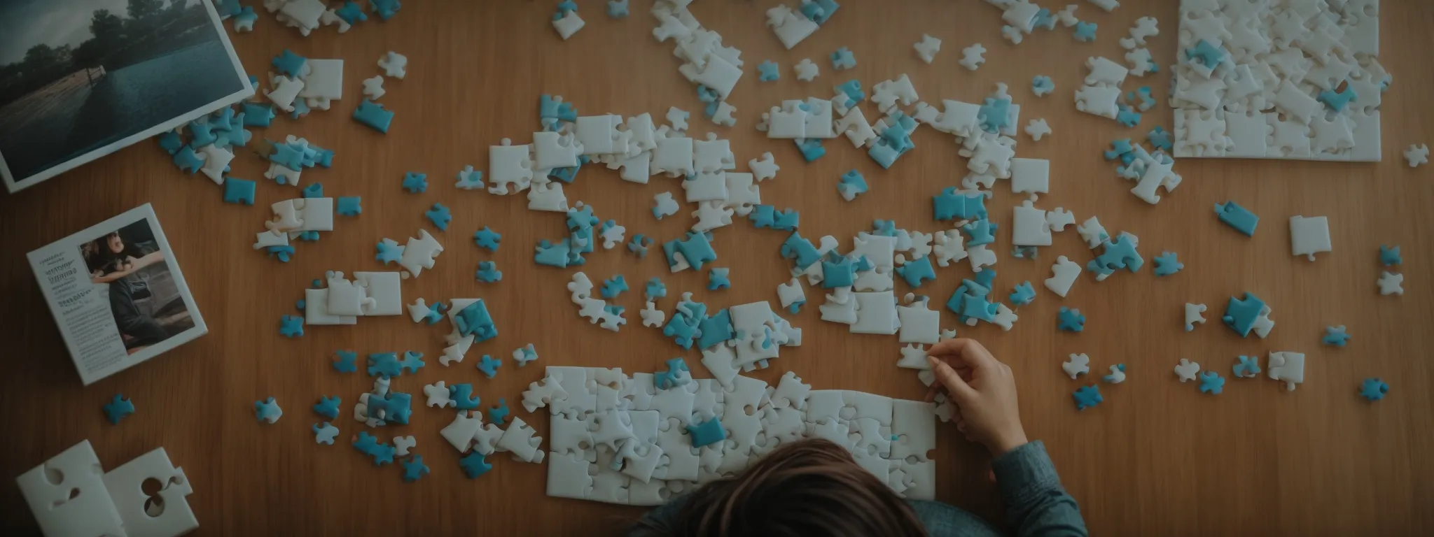 a person pondering over a puzzle missing a piece while surrounded by seo-related icons and charts.
