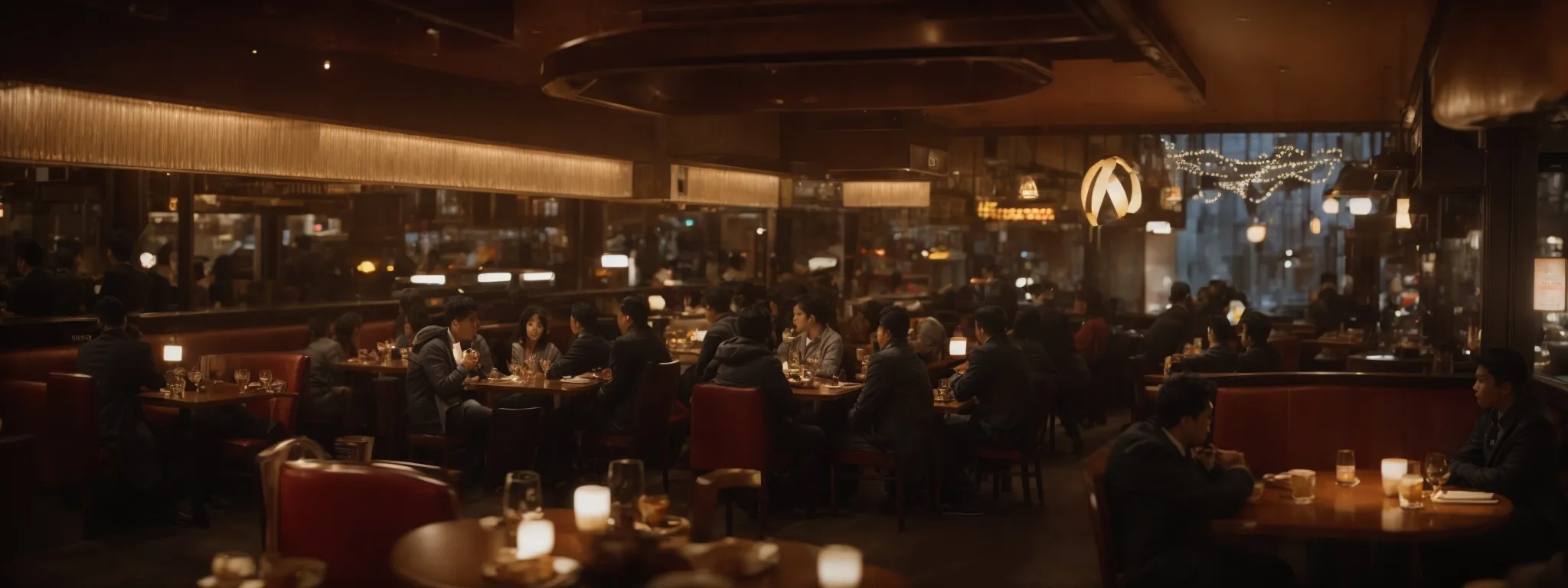 a bustling restaurant scene with patrons dining and a visible wi-fi symbol glowing overhead.