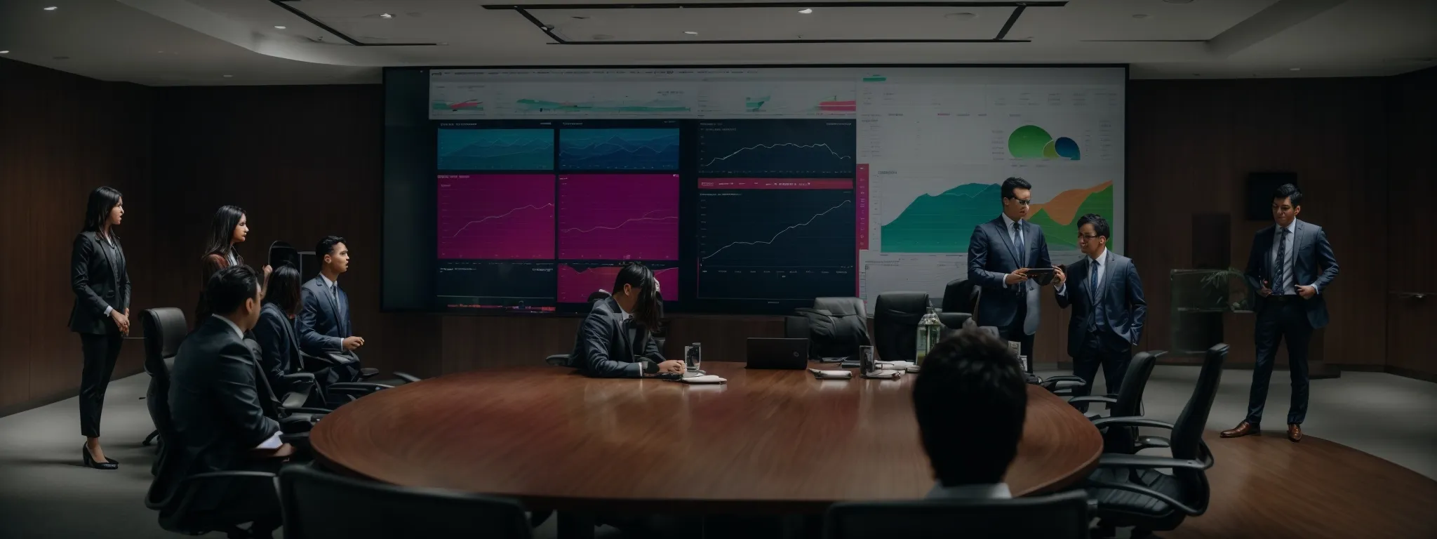 a team in a boardroom reviews a colorful data dashboard display on a large screen, indicating marketing campaign performance.