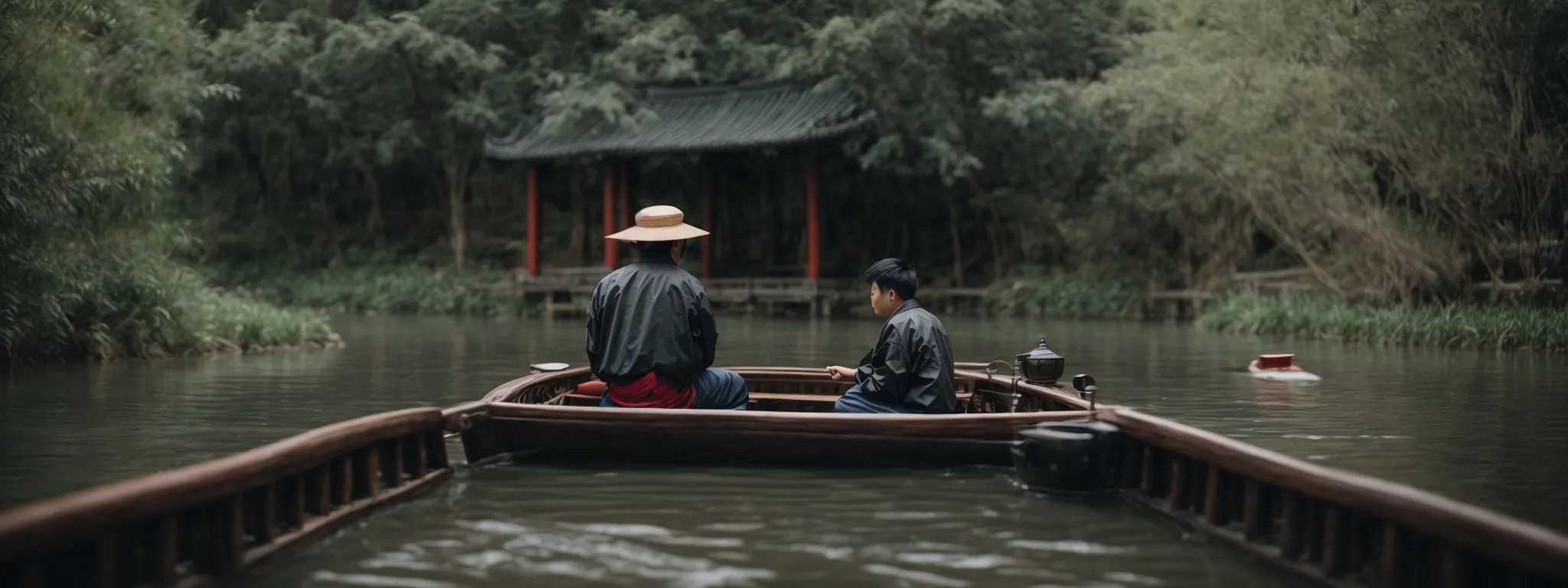 a person navigating a traditional chinese boat through a serene river labyrinth.