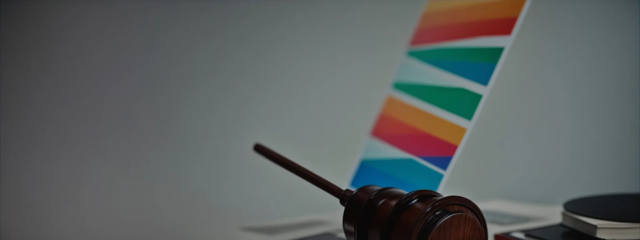 a gavel resting on a stack of legal books beside a computer displaying colorful bar graphs and pie charts.