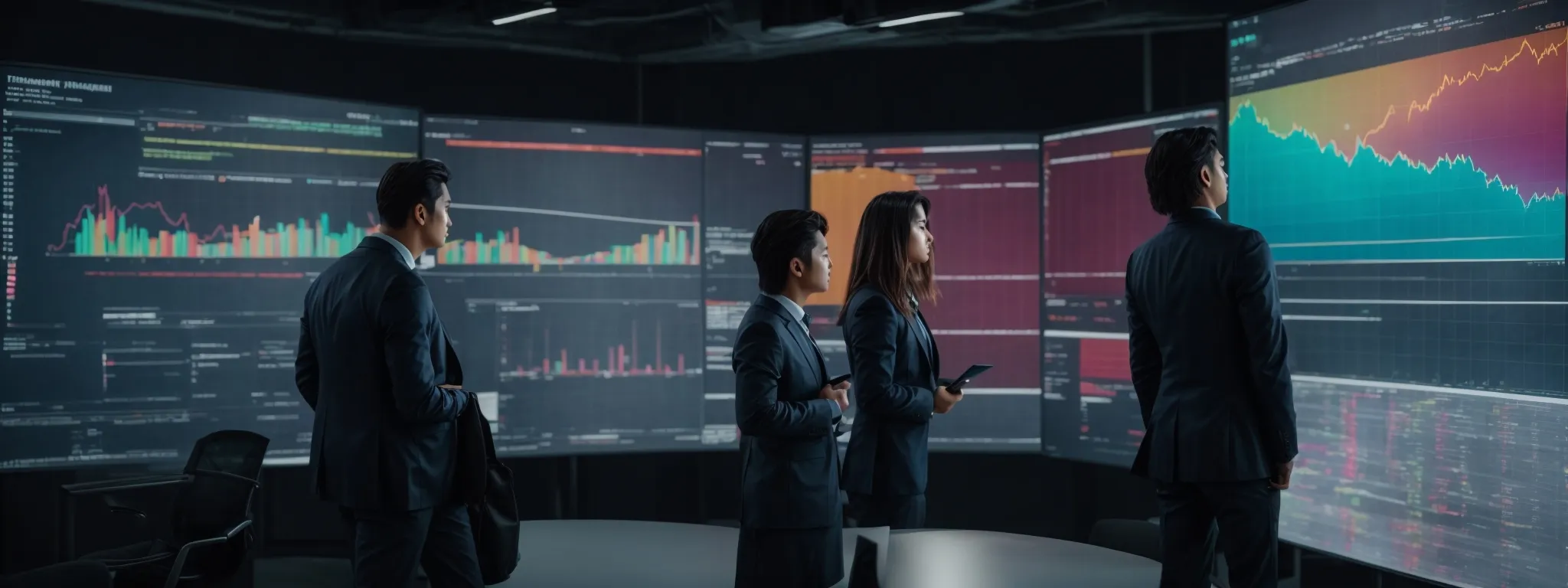 a group of focused professionals gathers around a large digital screen displaying colorful charts and graphs, reflecting the analysis of time spent on various projects.