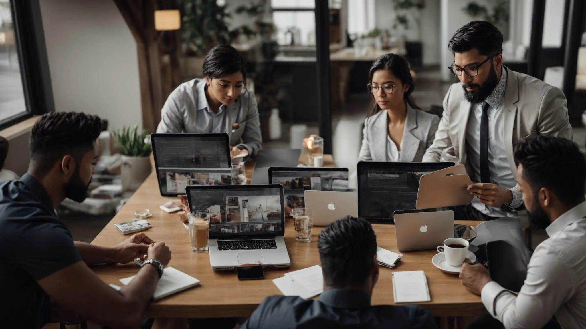 a business owner is discussing strategy with their team around a table with various digital devices present, symbolizing a focus on enhancing off-page seo signals in response to an algorithm update.