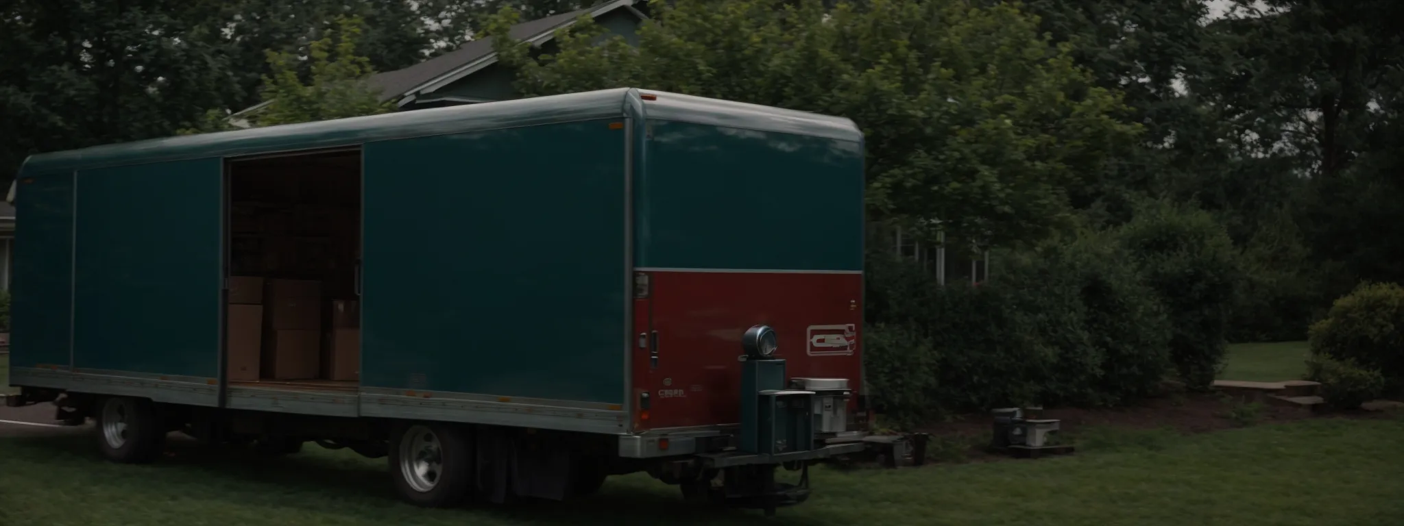 a moving truck parked in front of a suburban home with an open rear door, awaiting furniture to be loaded inside.
