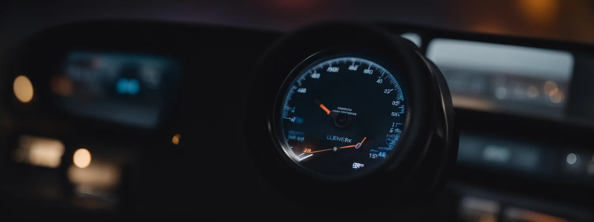 a speedometer steadily rising over a series of blurred computer screens displaying progressive web pages.
