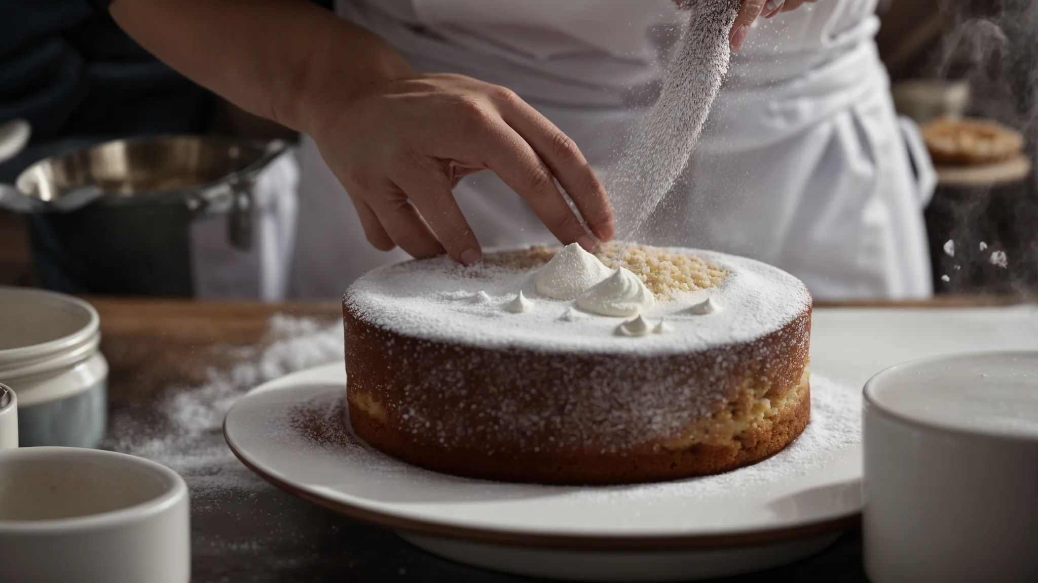 a chef gently dusting powdered sugar over a freshly baked cake.