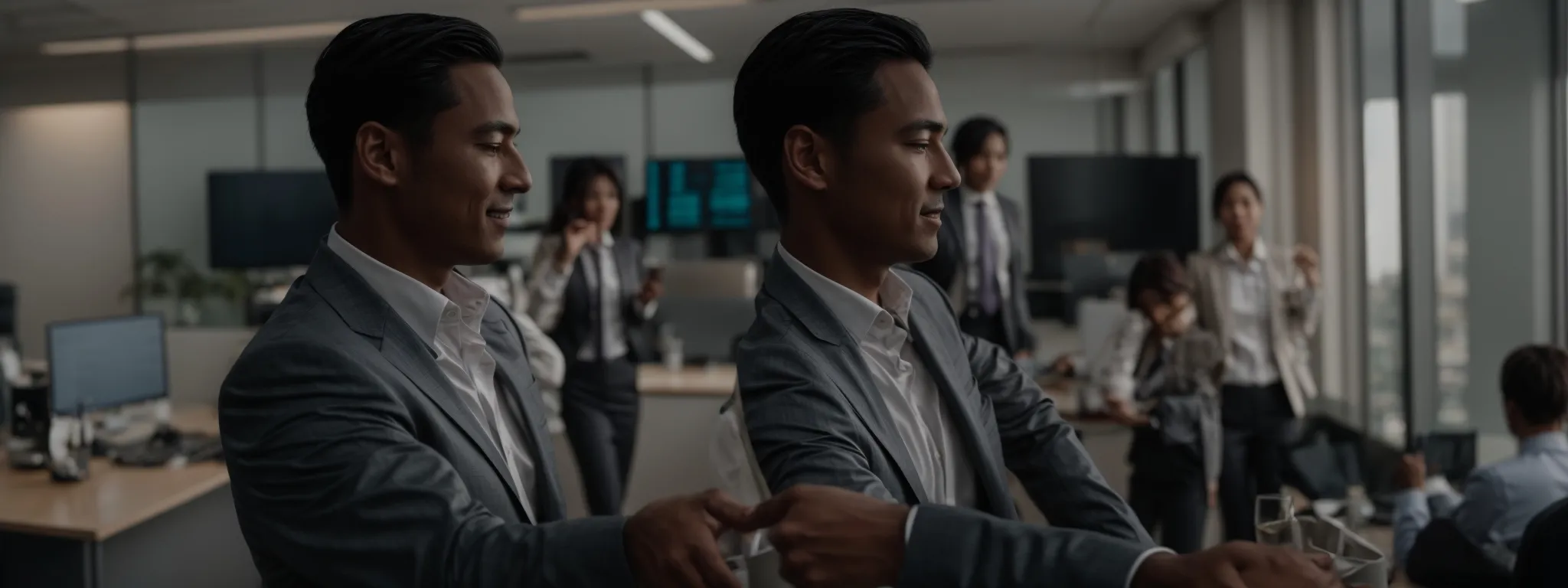 a businessperson shaking hands with a partner in a modern office setting, symbolizing partnership and trust.