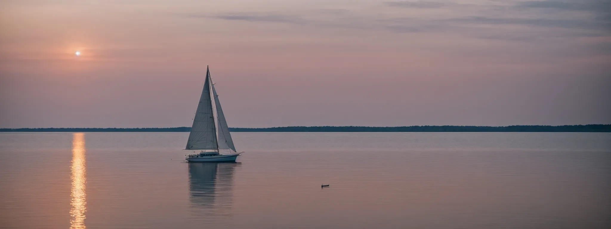 a solitary sailboat glides through the serene waters of chesapeake bay at dawn.