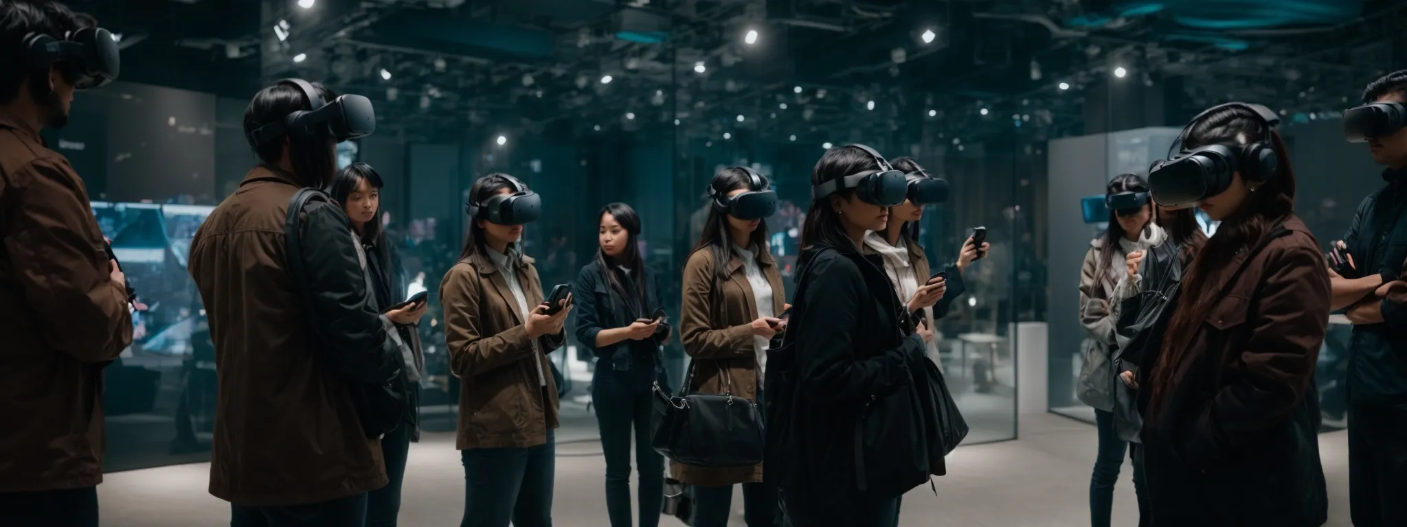 a group of people wearing vr headsets engrossed in an interactive augmented reality exhibition.