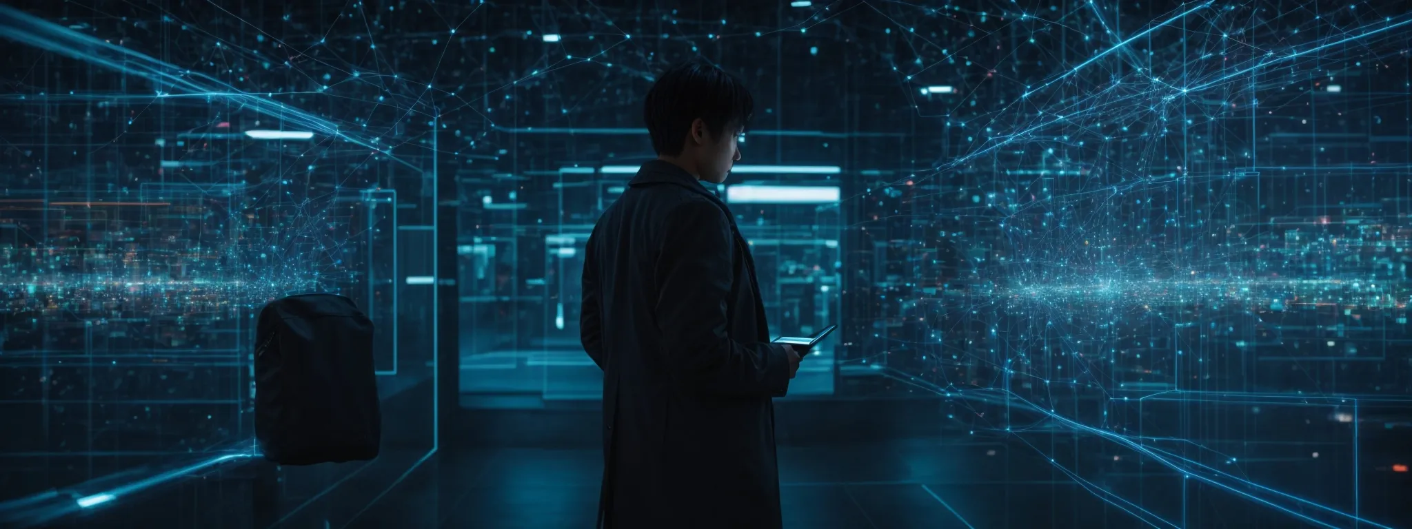 a person browsing through a holographic interface showcasing interconnected network nodes representing entities and their relationships.