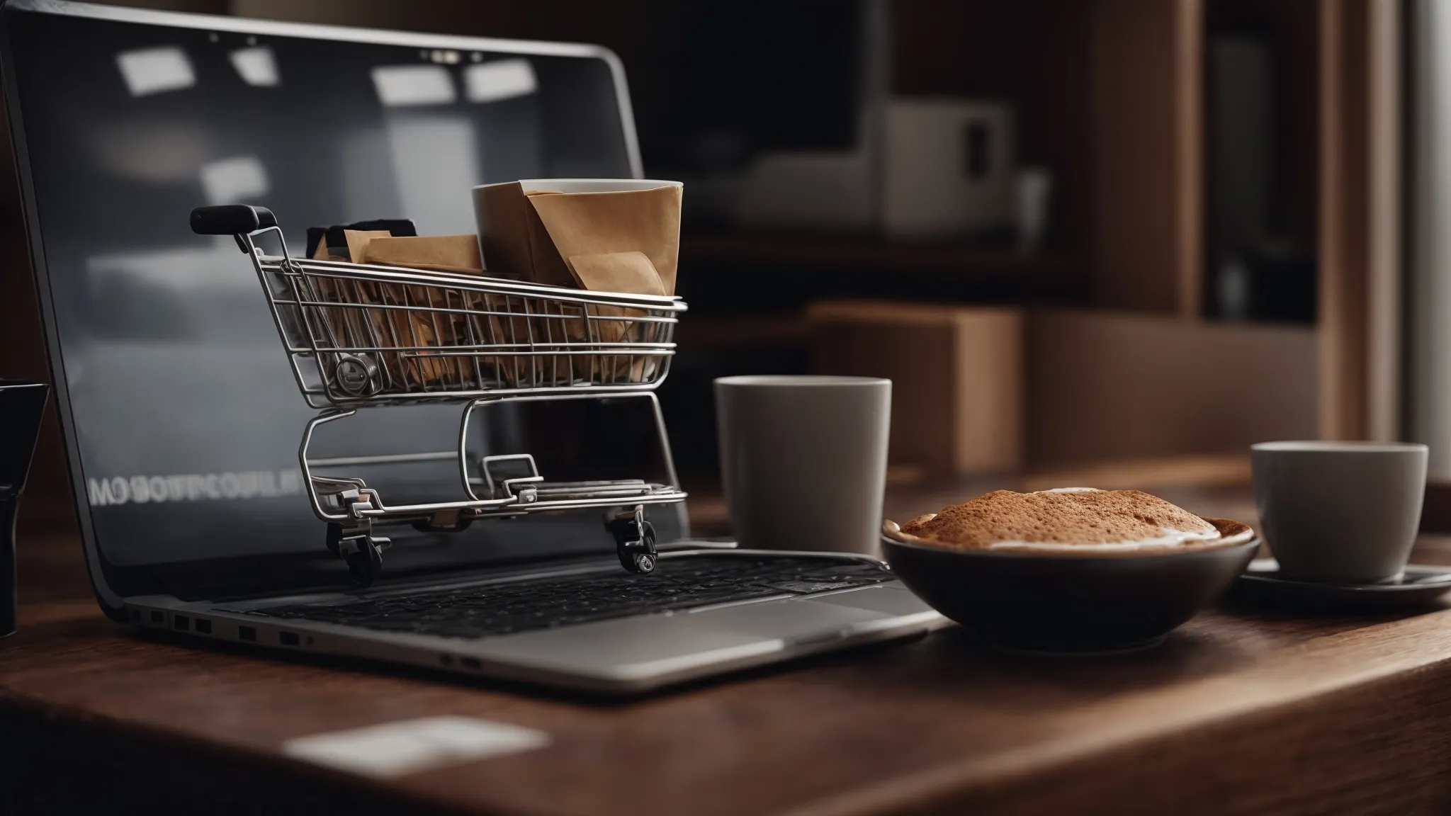 a laptop displaying shopping cart icons rests next to a notepad and a cup of coffee on a wooden desk.