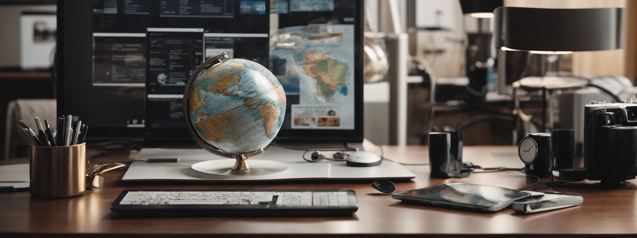 a globe surrounded by various digital devices on a clean, modern desk, symbolizing global internet presence and branding.