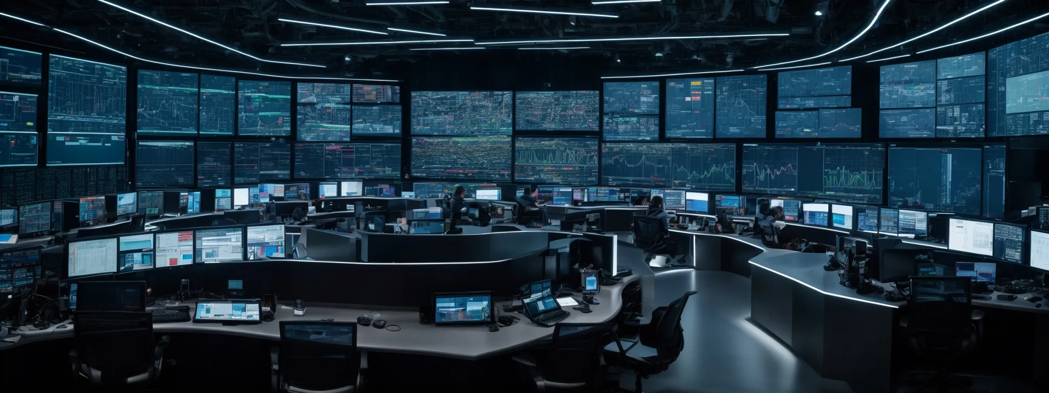 an expansive, high-tech control center with screens displaying data analytics and algorithms, representing the dynamic and evolving world of seo.