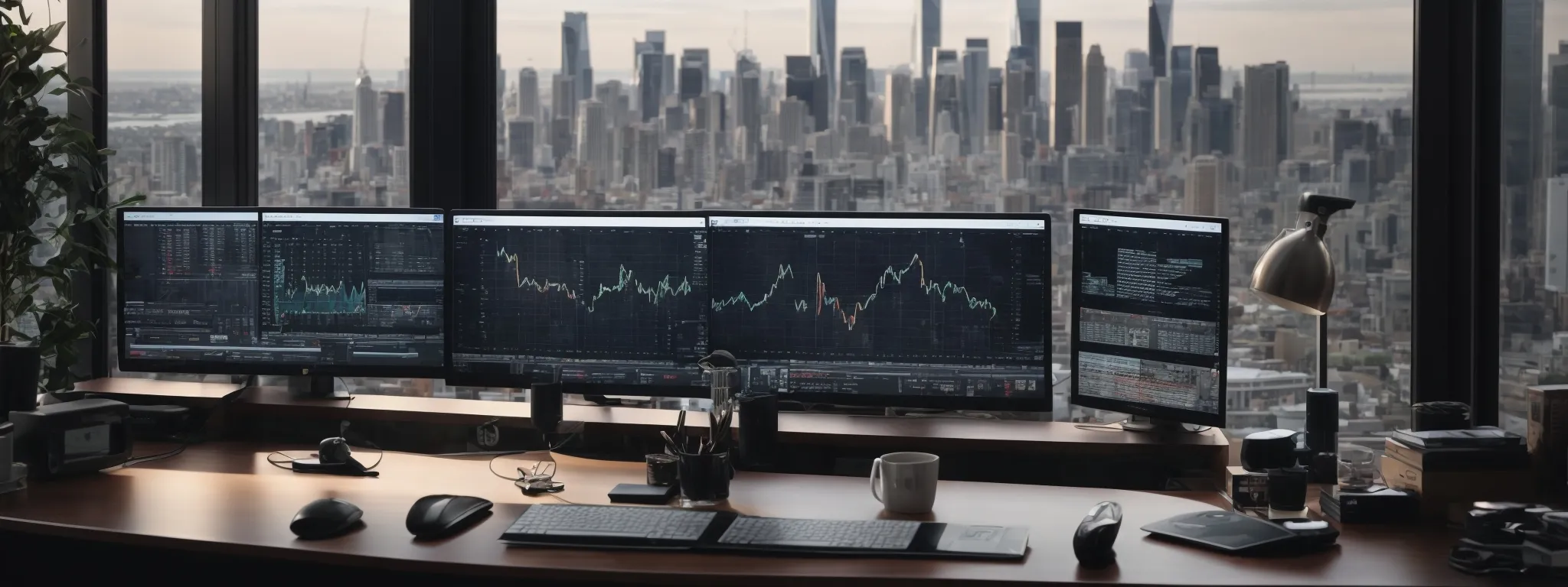 a modern home office setup with multiple screens displaying analytics and a serene view of a city skyline, symbolizing strategic seo management for real estate.
