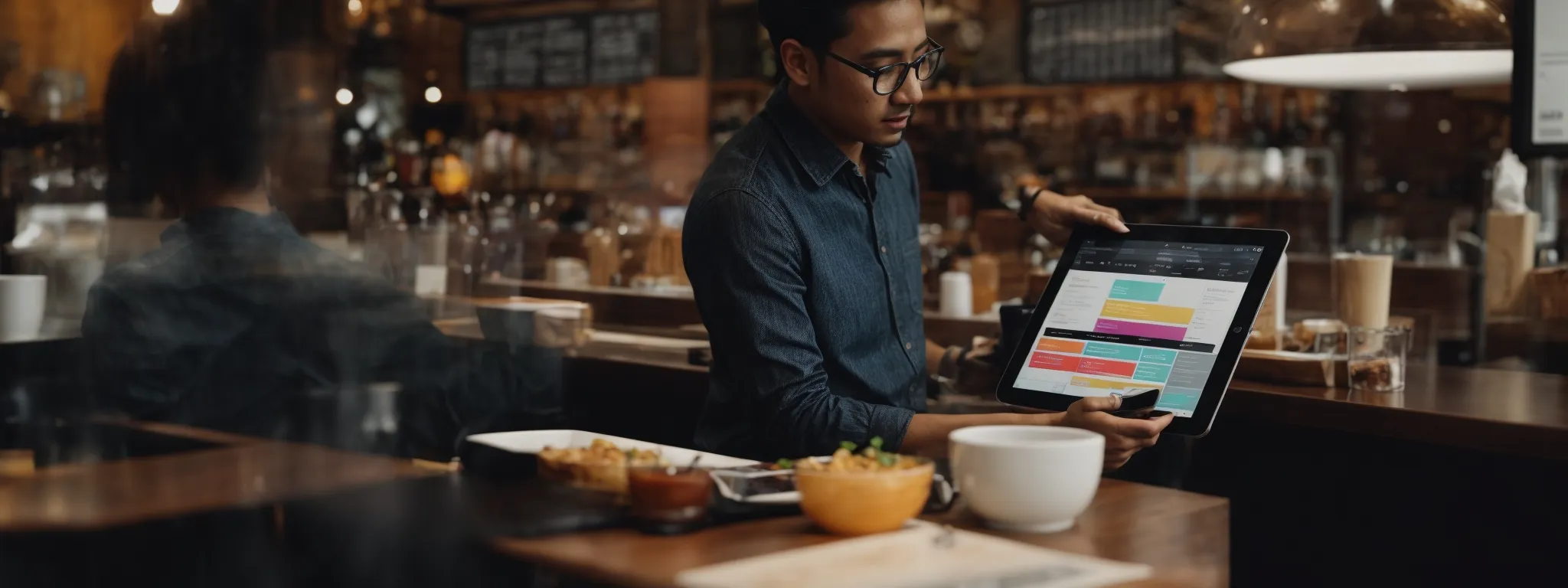 a marketer casually edits a vibrant infographic on a tablet in a bustling cafe.