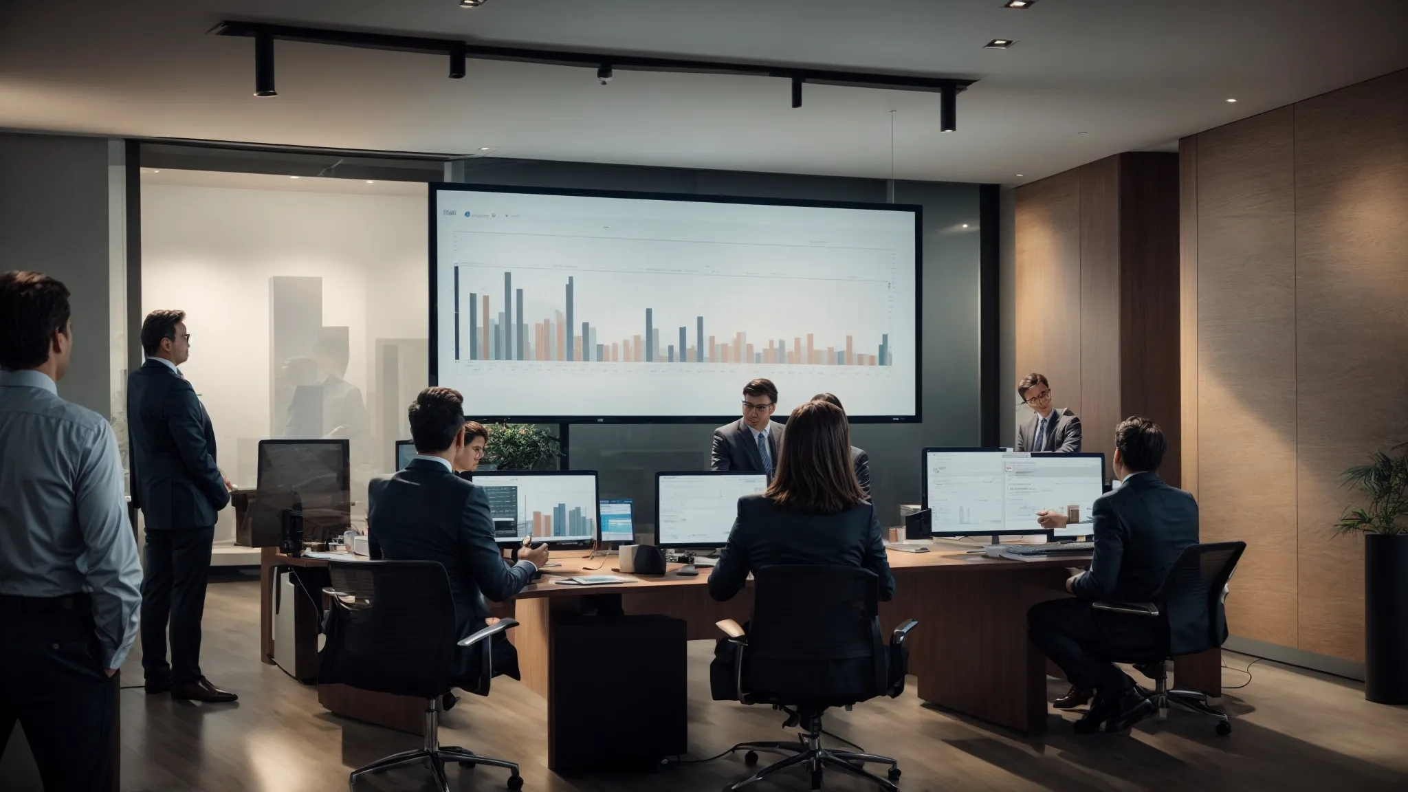 a group of business professionals analyzing a large graph on a screen in a modern office setting.