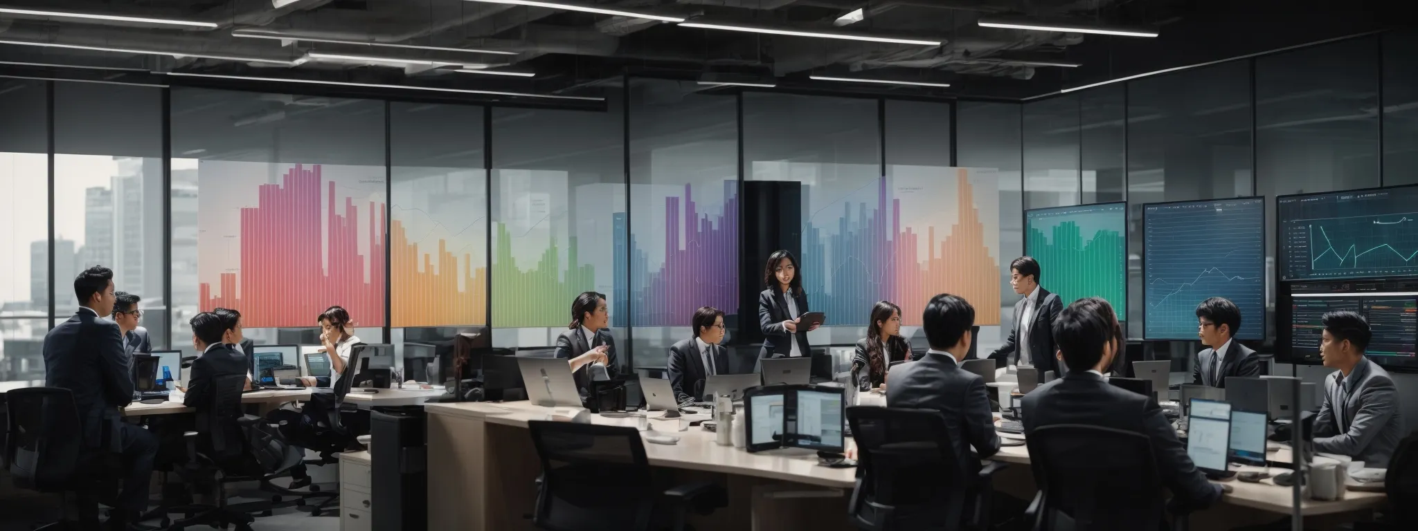 a bustling team meeting with a large monitor displaying a colorful graph and analytics dashboard within a modern office setting.