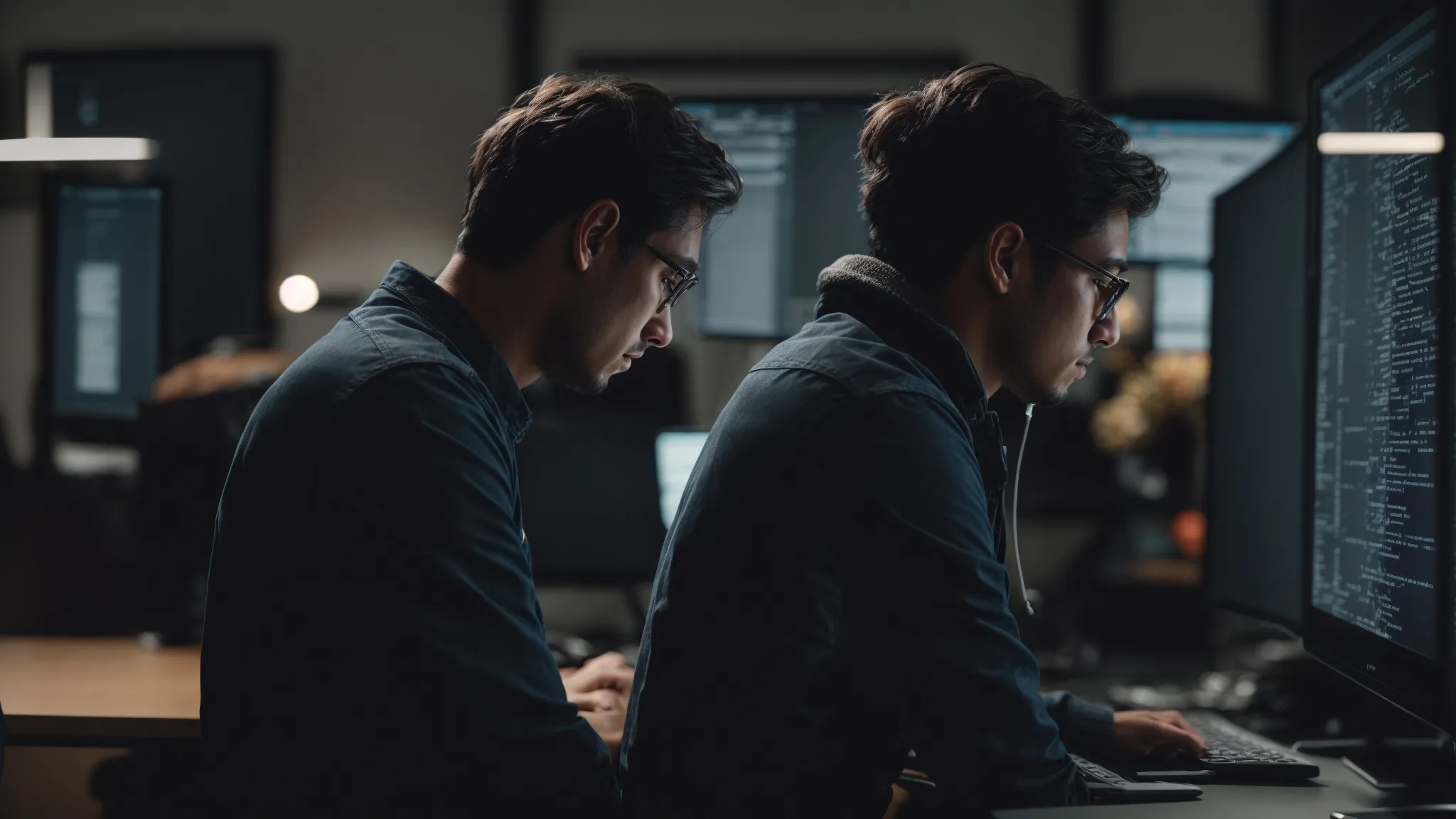 a developer intently studies code on a computer screen within an office environment, illustrating the process of optimizing javascript to improve site speed.