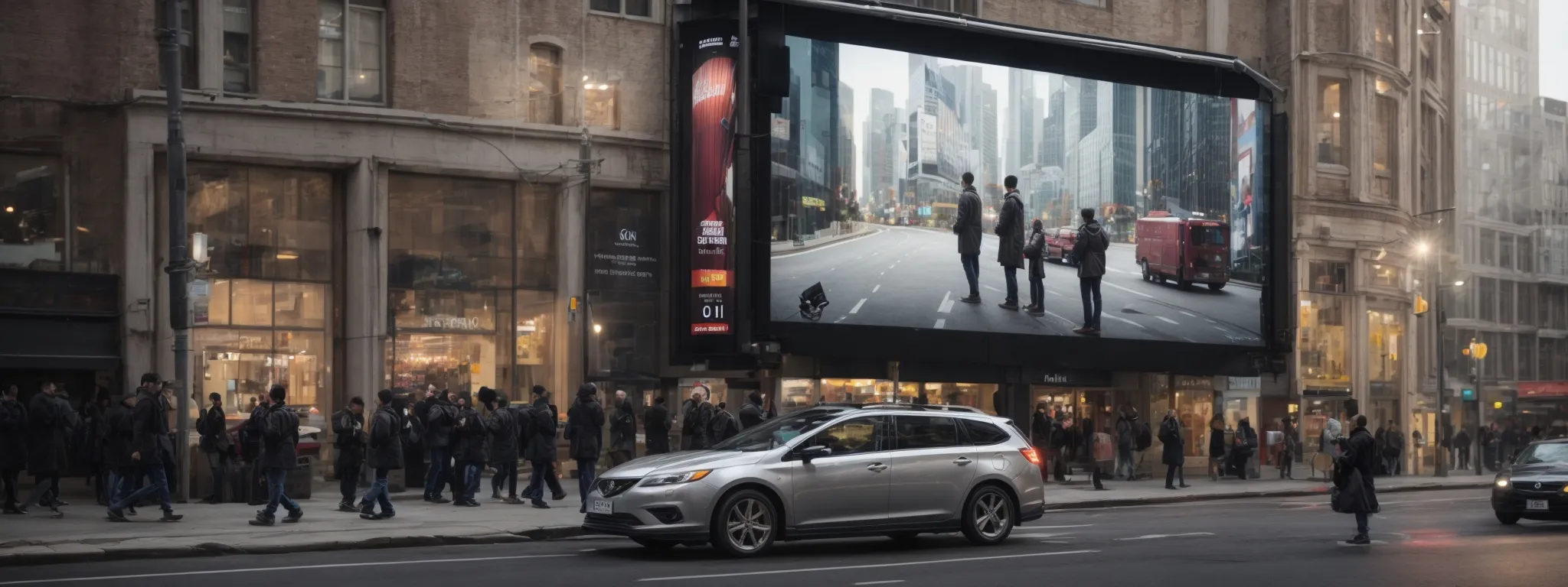 a city billboard displaying a dynamic digital advertisement interacts with smartphone-wielding passersby.