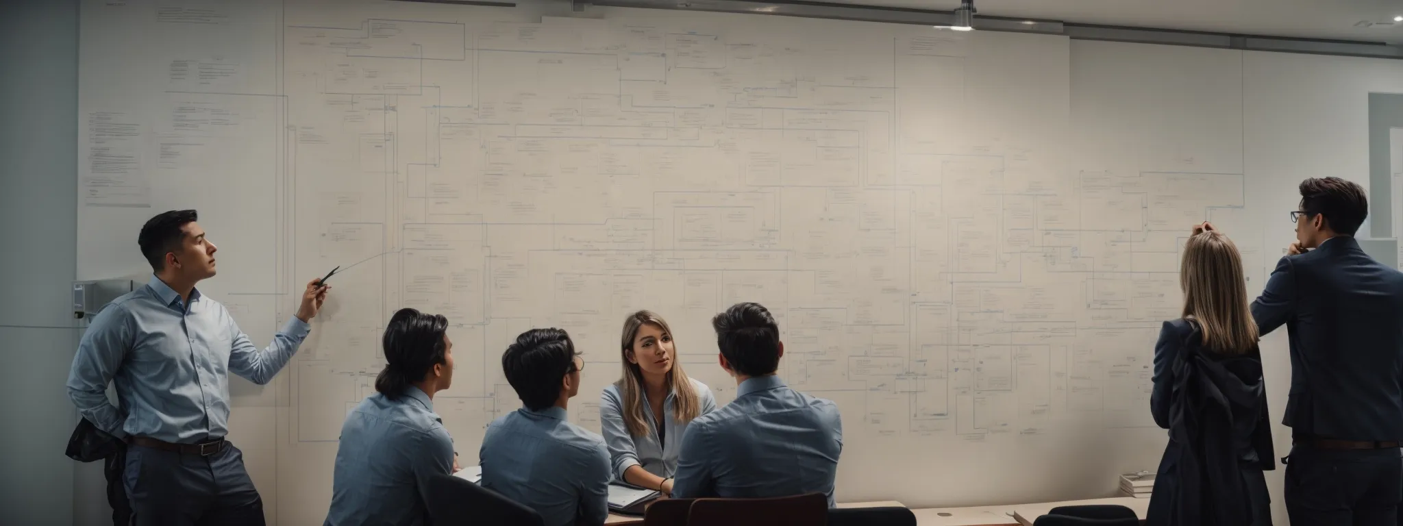 a team of strategists analyzing a large visible flowchart on the wall to optimize website content for search engine rankings.