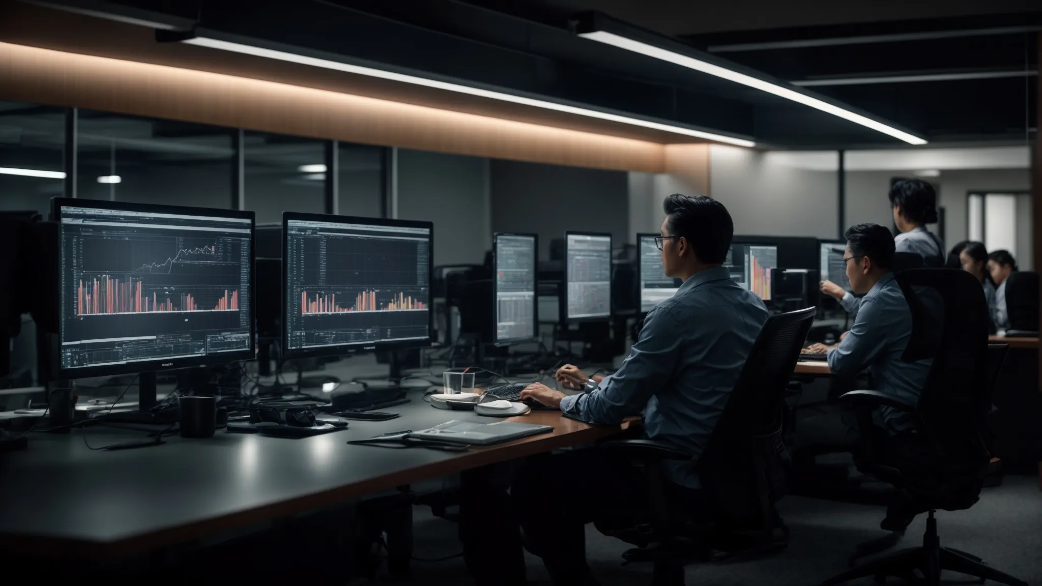 a row of glowing computer screens in a modern office with professionals analyzing data and strategizing.