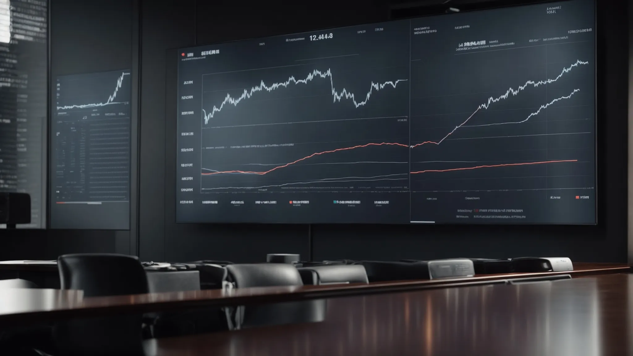 a conference room with a large screen displaying a graph of upward trending metrics.