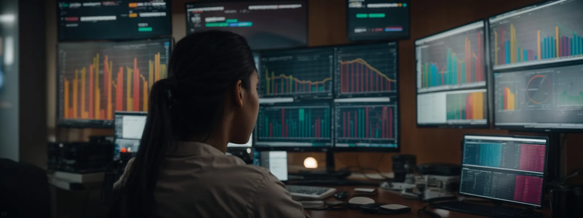a person sits in front of dual monitors displaying colorful analytics dashboards and seo performance charts.